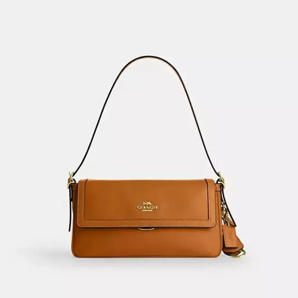 NEW‼️Coach Etta Small Flap Shoulder Bag CCV63  smooth leather/Gold/Brown